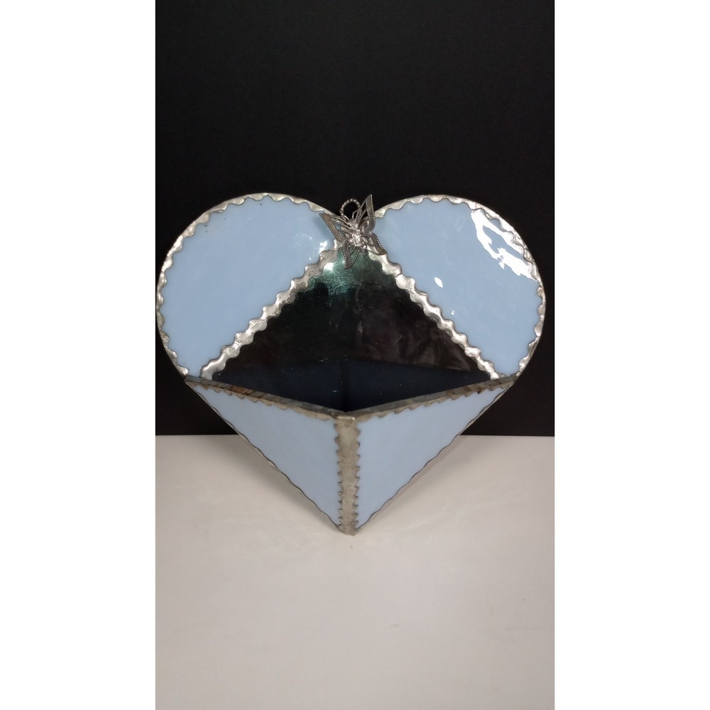 Vintage Blue Stained Glass Heart Hanging Wall Pocket/Planter Butterfly Accent